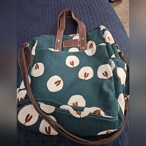 Maika Teal and Brown Tote Bag with White Accents